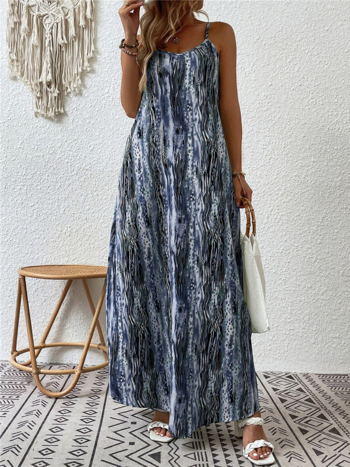 Buy dusty-blue Full Size Printed Scoop Neck Maxi Cami Dress