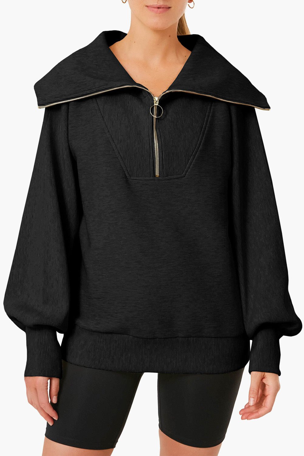 Buy black Pocketed Quarter Zip Collared Neck Sweatshirt