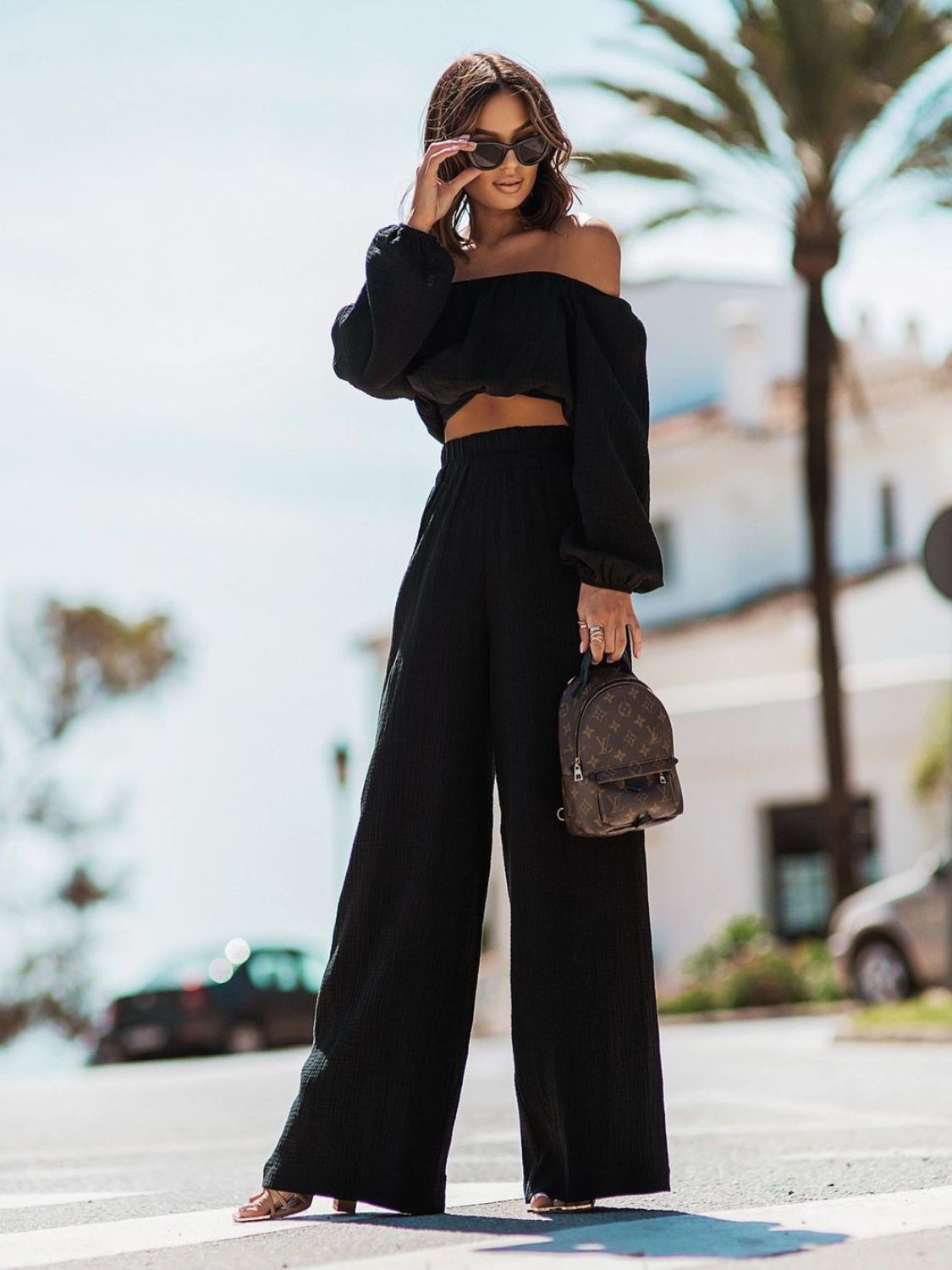 Buy black Off Shoulder Long Sleeve Top and Pants Set