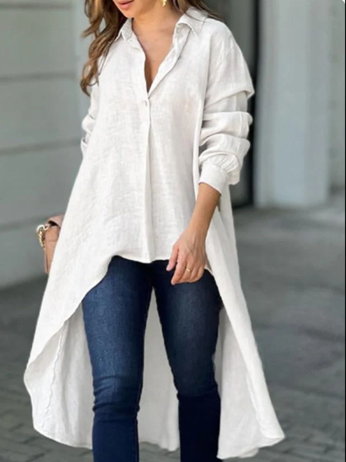 Buy white Full Size High-Low Collared Neck Long Sleeve Shirt