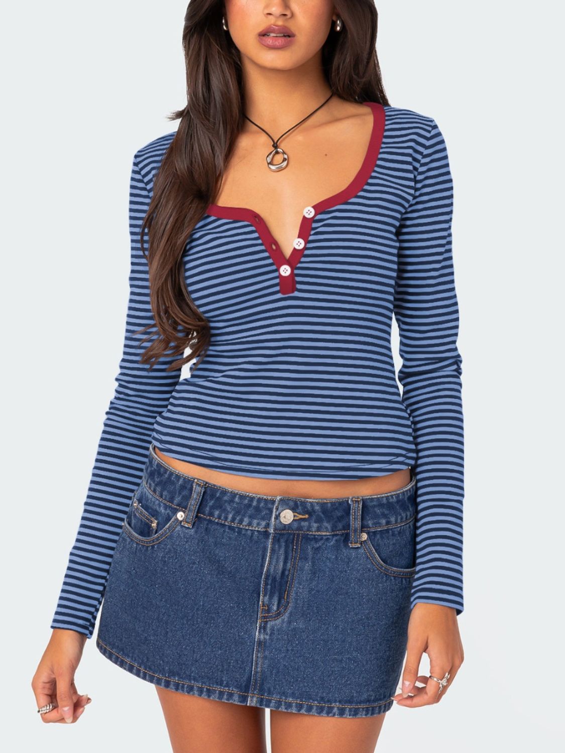 Buy navy Buttoned Striped Long Sleeve T-Shirt