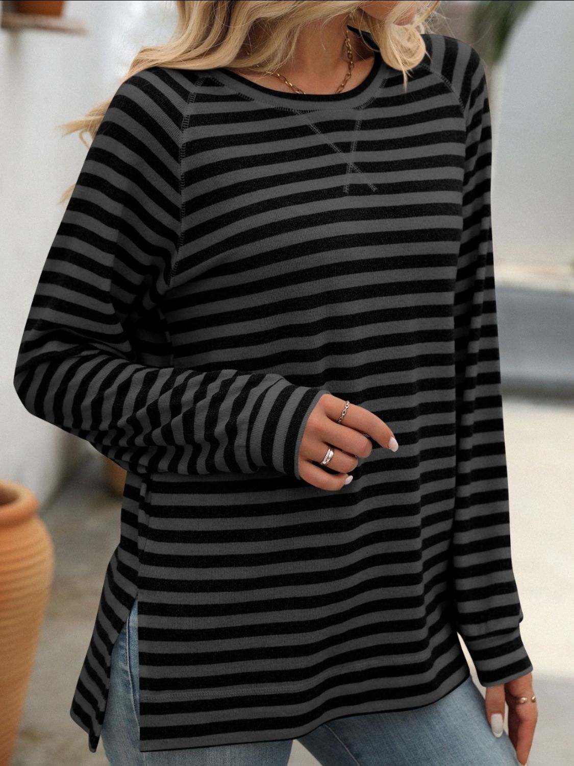 Buy black Mandy Striped Round Neck Long Sleeve T-Shirt