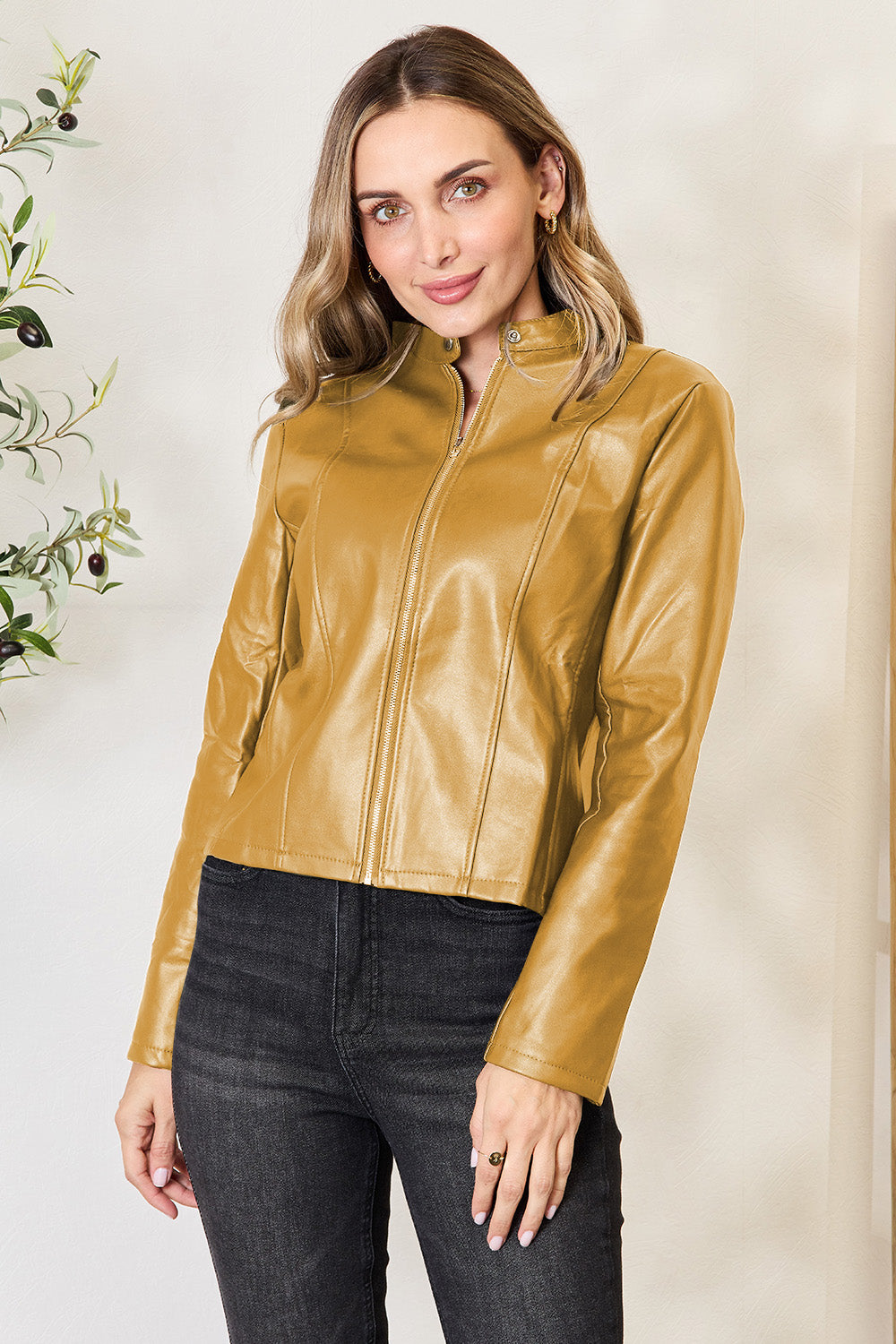 Buy honey Mock Neck Zip Up Jacket