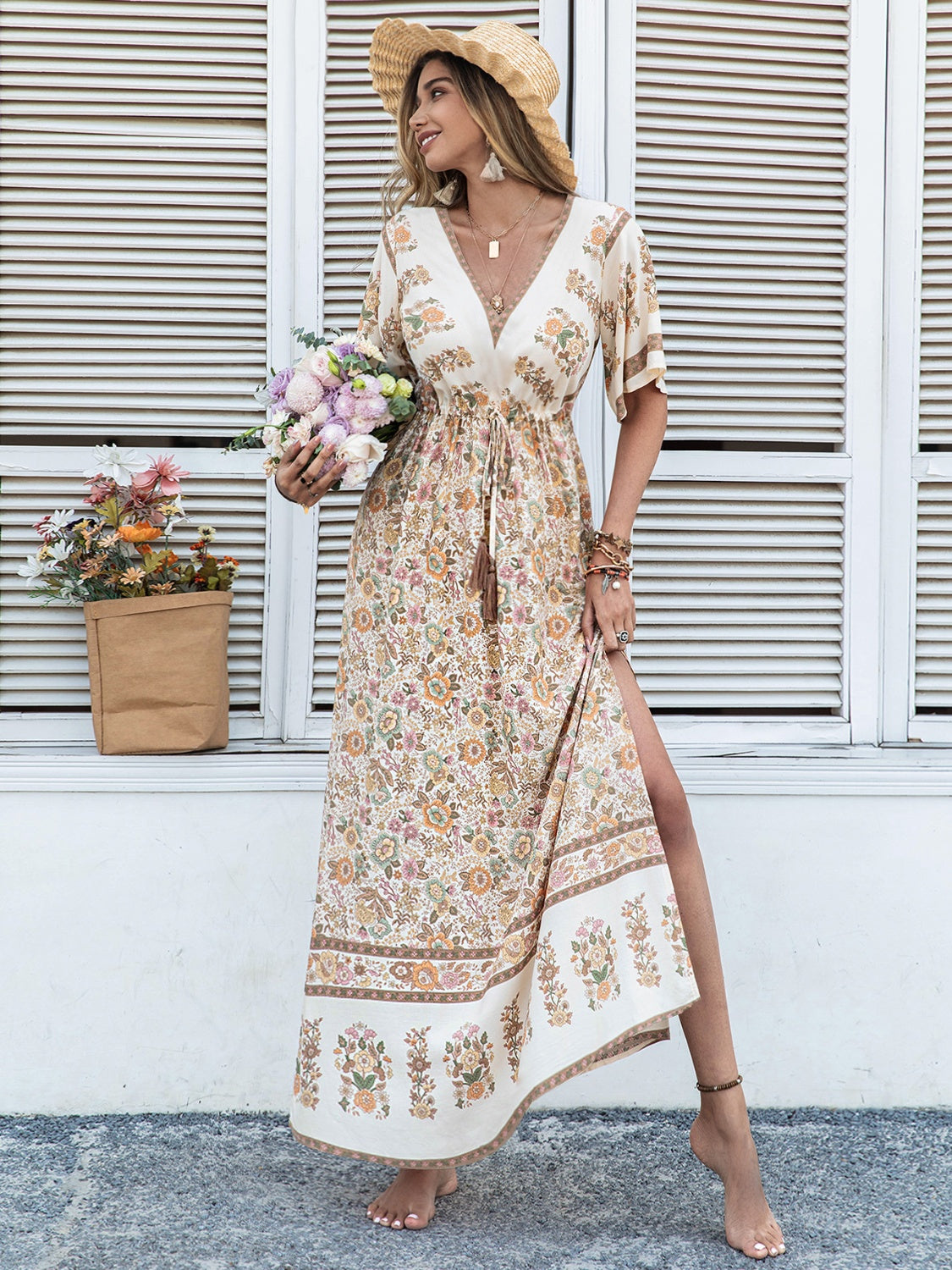 Buy khaki Drawstring Printed Plunge Half Sleeve Dress