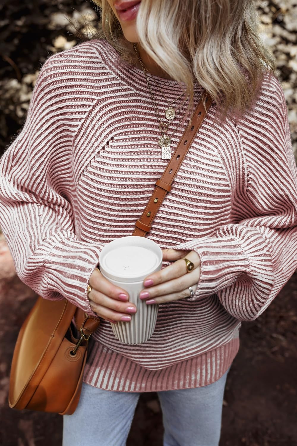 Buy dusty-pink Textured Striped Round Neck Long Sleeve Top