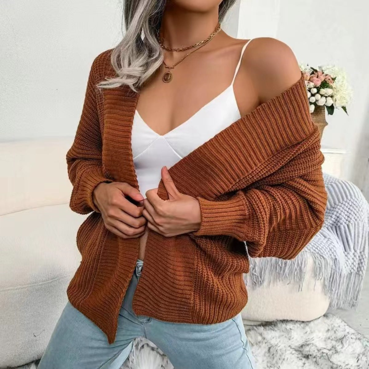 Buy brown Open Front Lantern Sleeve Cardigan