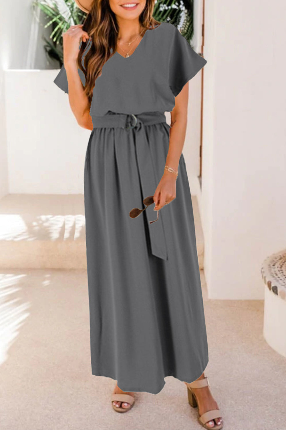 Buy dark-gray Ruched V-Neck Cap Sleeve Dress