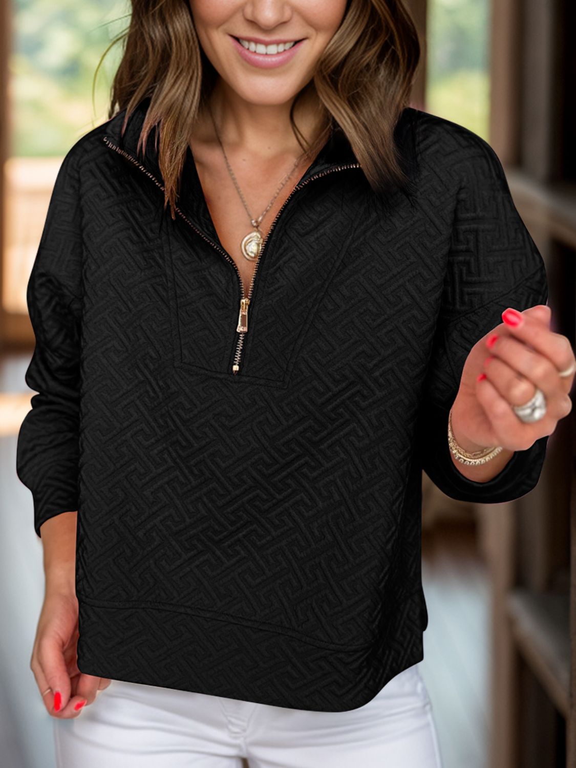 Buy black Textured Half Zip Long Sleeve Sweatshirt