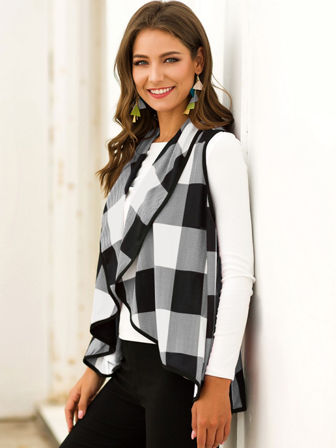 Shiny Plaid Open Front Sleeveless Cardigan