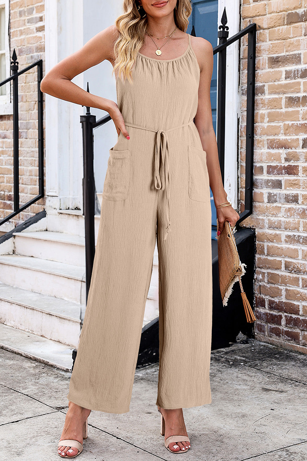 Buy tan Scoop Neck Spaghetti Strap Jumpsuit