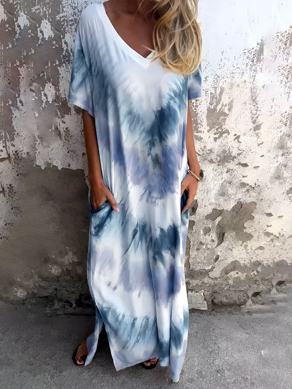 Buy dusty-blue Full Size Pocketed Tie-Dye Short Sleeve Dress