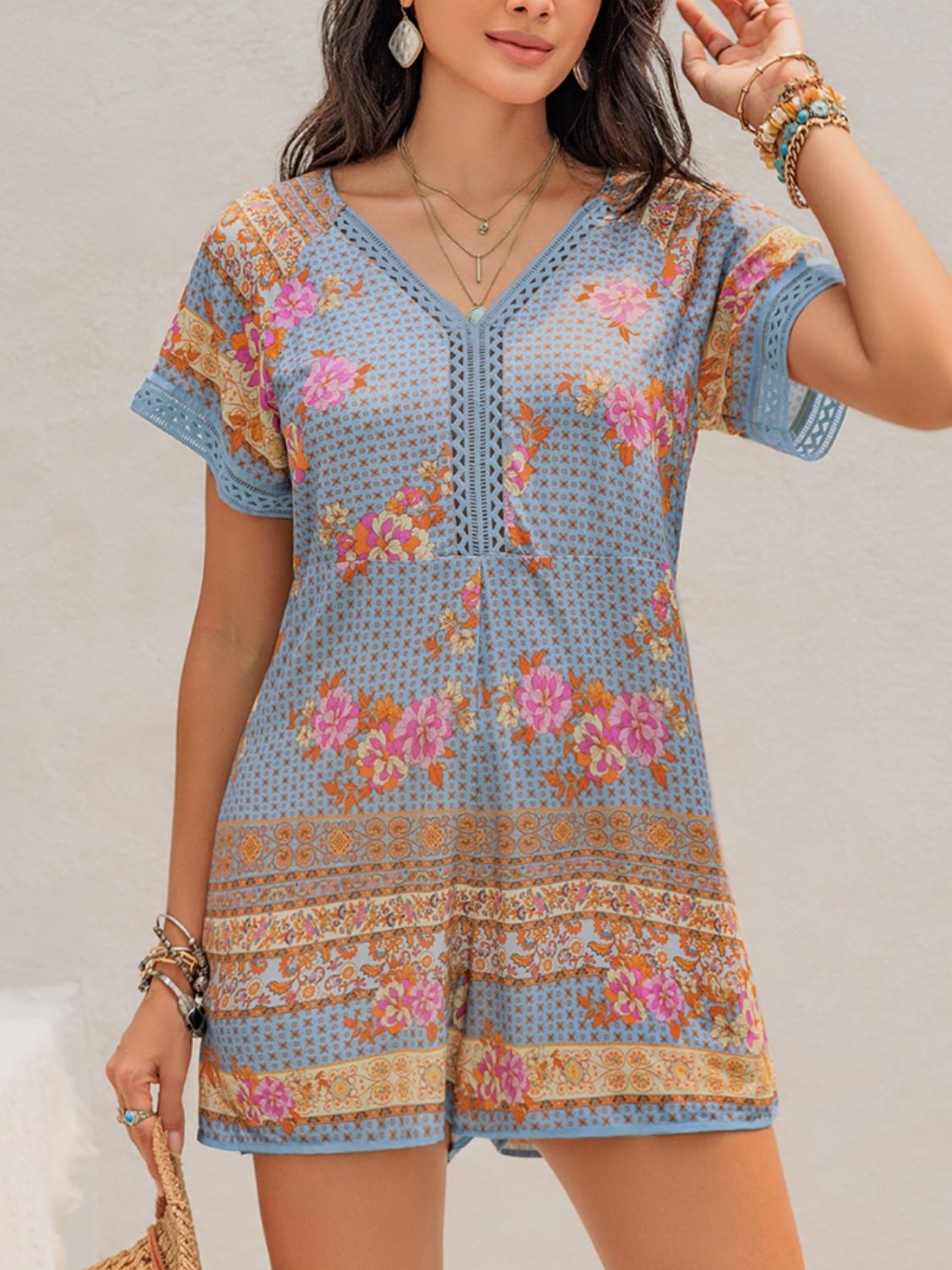 Printed V-Neck Short Sleeve Romper