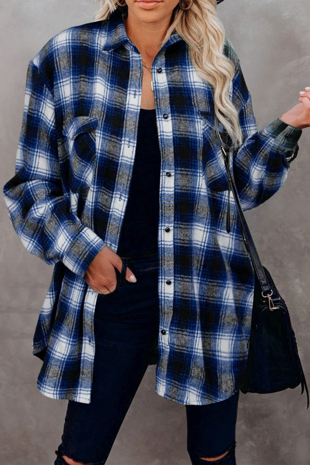 Buy royal-blue Full Size Plaid Collared Neck Long Sleeve Shirt