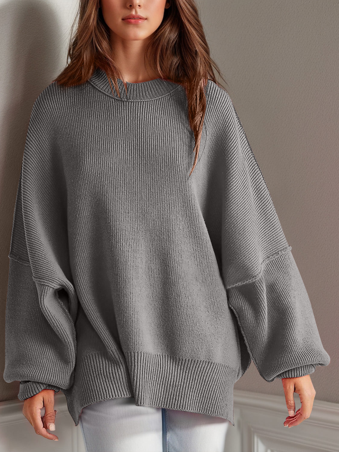 Buy gray Double Take Side Slit Round Neck Long Sleeve Sweater