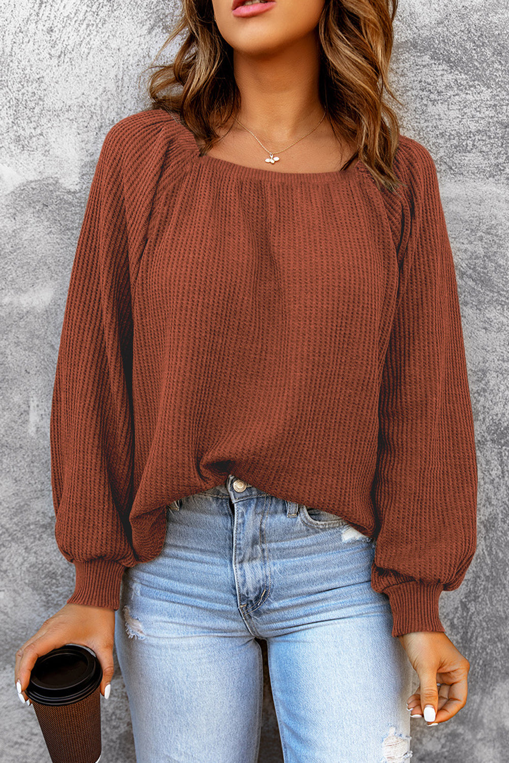 Buy brick-red Square Neck Waffle-Knit Top