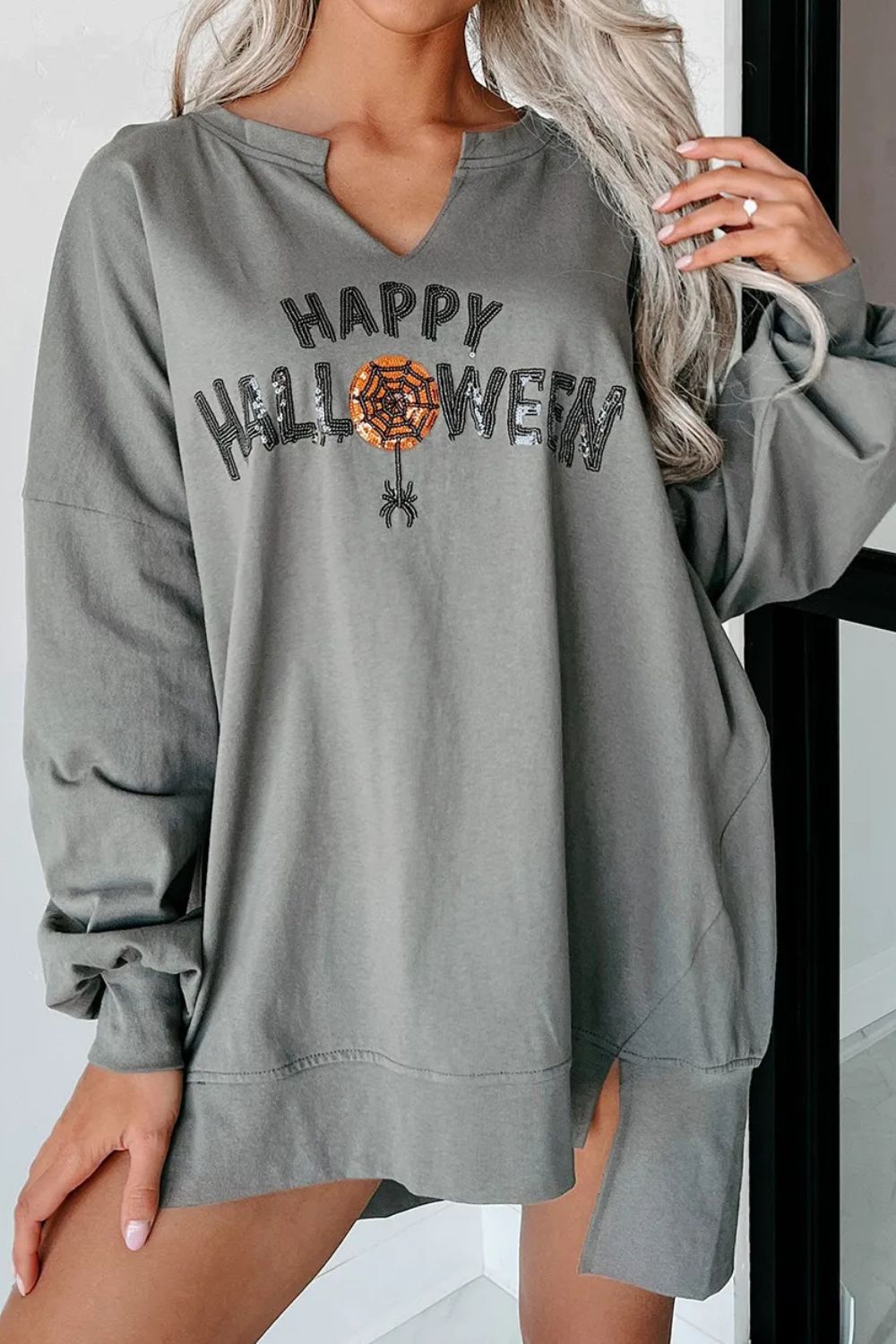 Buy gray Sequin Letter Graphic Notched Long Sleeve Sweatshirt