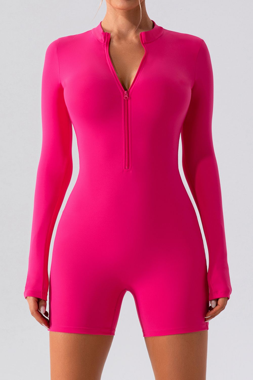 Buy hot-pink Half Zip Long Sleeve Active Romper