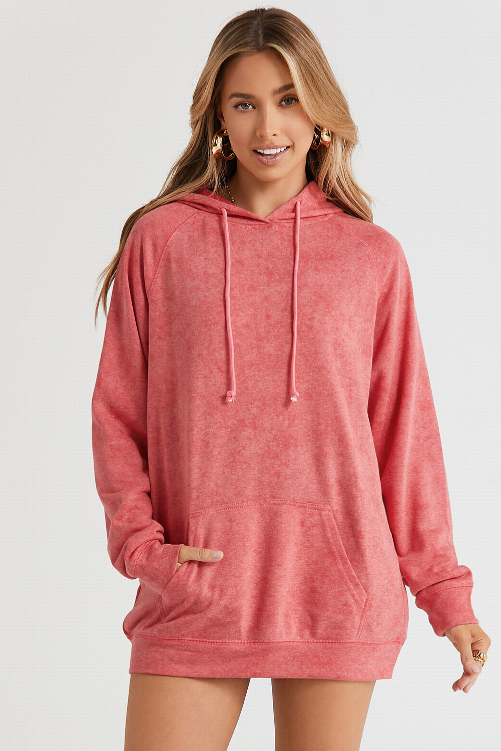 Buy coral Long Sleeve Front Pocket Hoodie