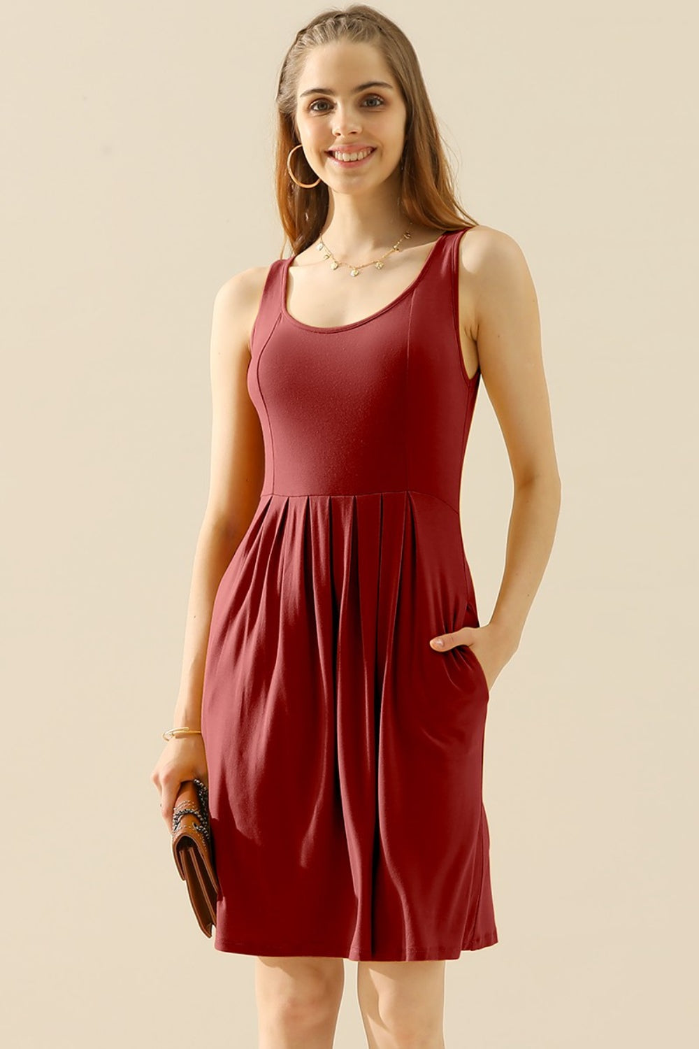 Buy burgundy Doublju Full Size Round Neck Ruched Sleeveless Dress with Pockets