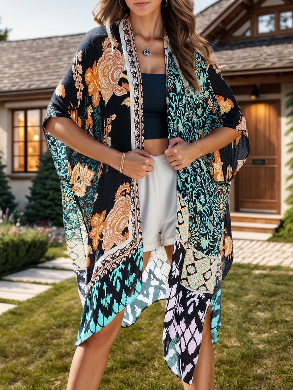 Buy black Printed Open Front Cover-Up