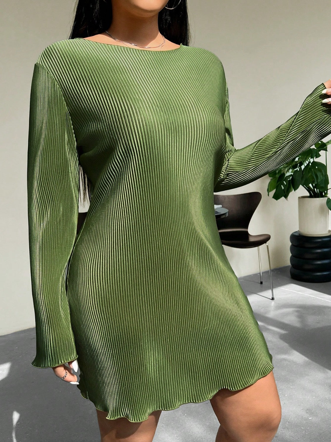 Buy matcha-green Honey Plus Size Lettuce Hem Round Neck Long Sleeve Dress