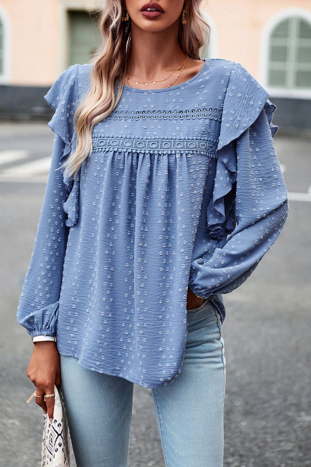 Buy light-blue Devine Ruffle Trim Balloon Sleeve Blouse