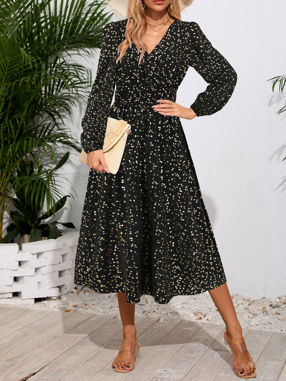 Buy black Printed Surplice Long Sleeve Midi Dress