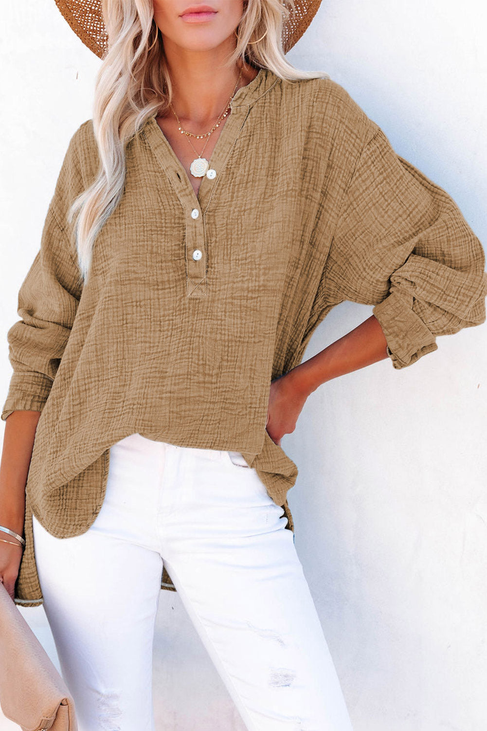 Buy khaki Buttoned Long Sleeve Blouse