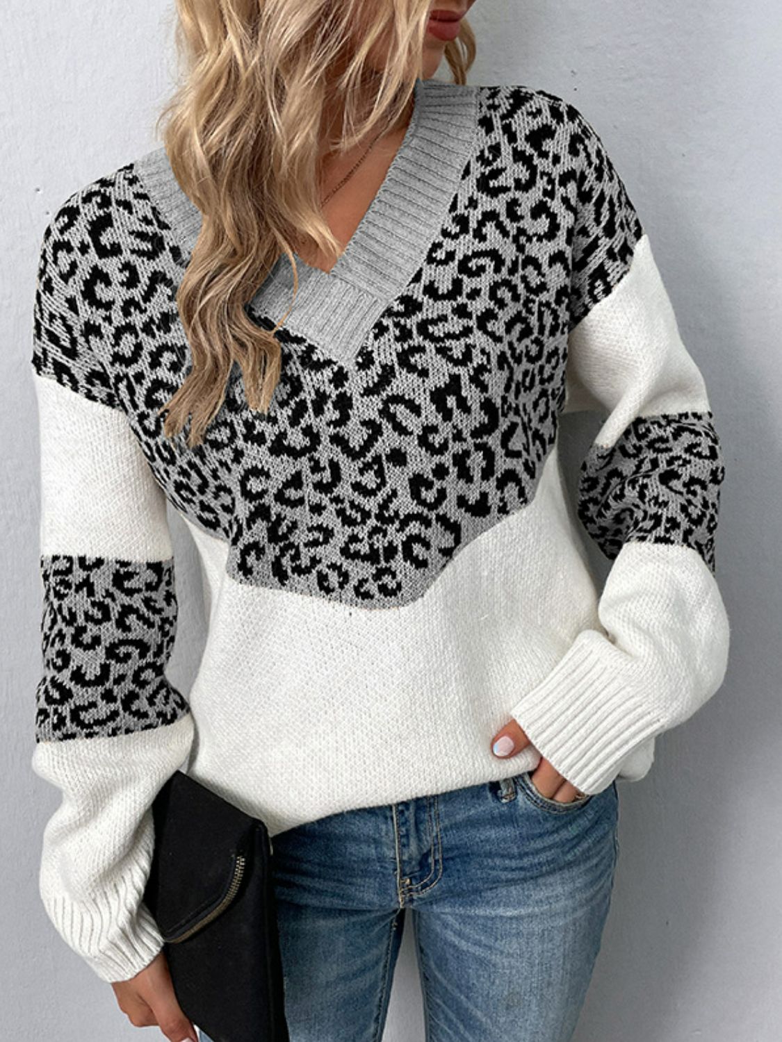 Buy heather-gray Leopard V-Neck Dropped Shoulder Sweater