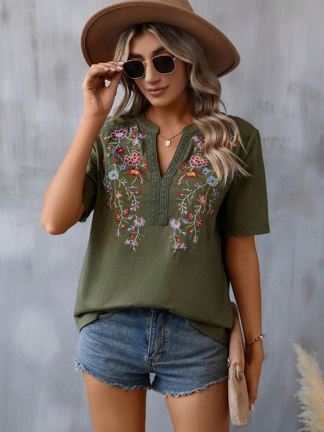 Buy army-green Embroidered Notched Short Sleeve T-Shirt