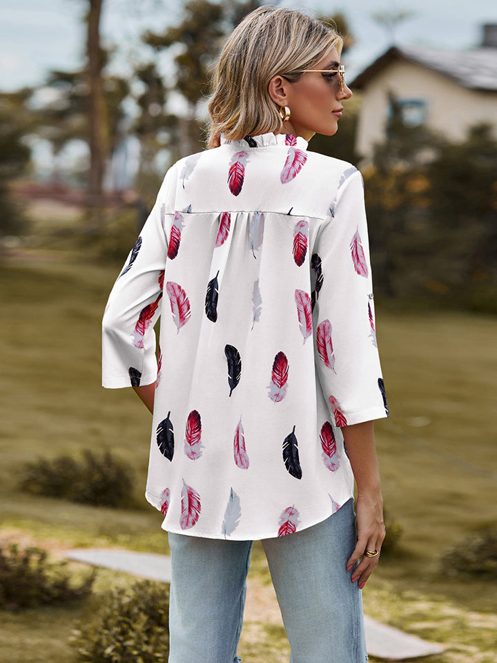 Printed Roll-Tab Sleeve Notched Neck Blouse