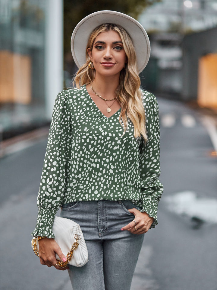 Buy sage Printed V-Neck Lantern Sleeve Blouse