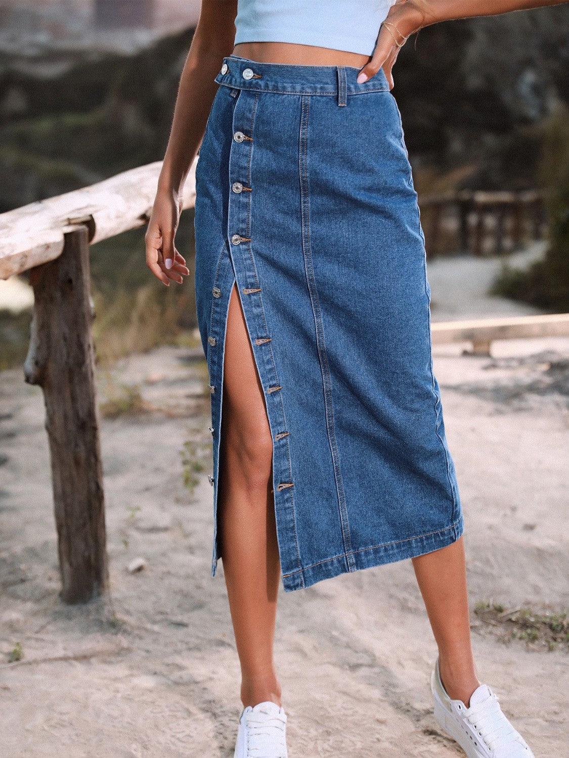 Buy french-blue Button Down Denim Skirt