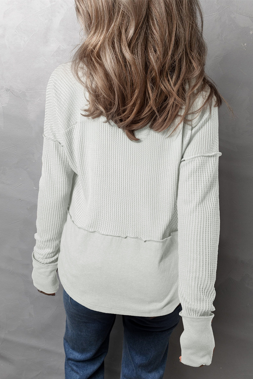 Waffle-Knit Exposed Seam Notched Long Sleeve Top