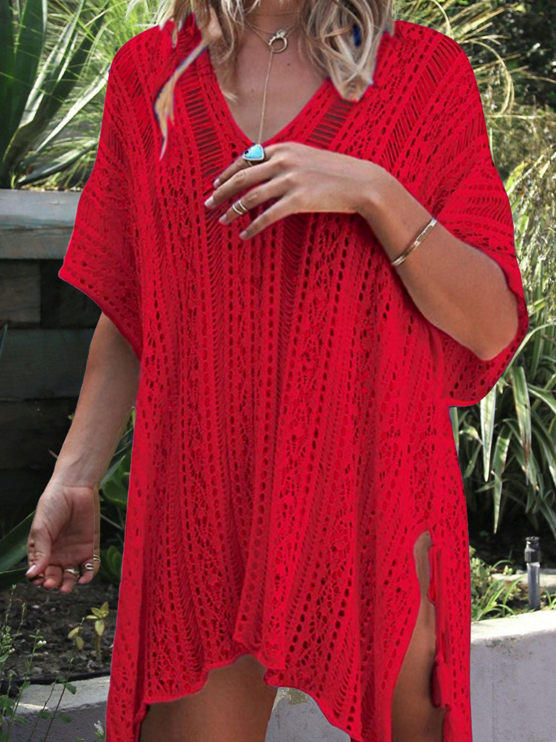 Buy red Angel Wings Cutout V-Neck Cover-Up with Tassel