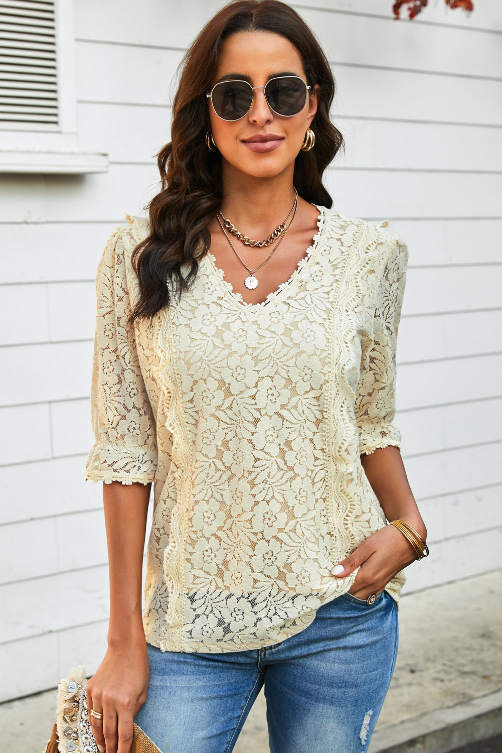 Buy beige Lace V-Neck Flounce Sleeve Top