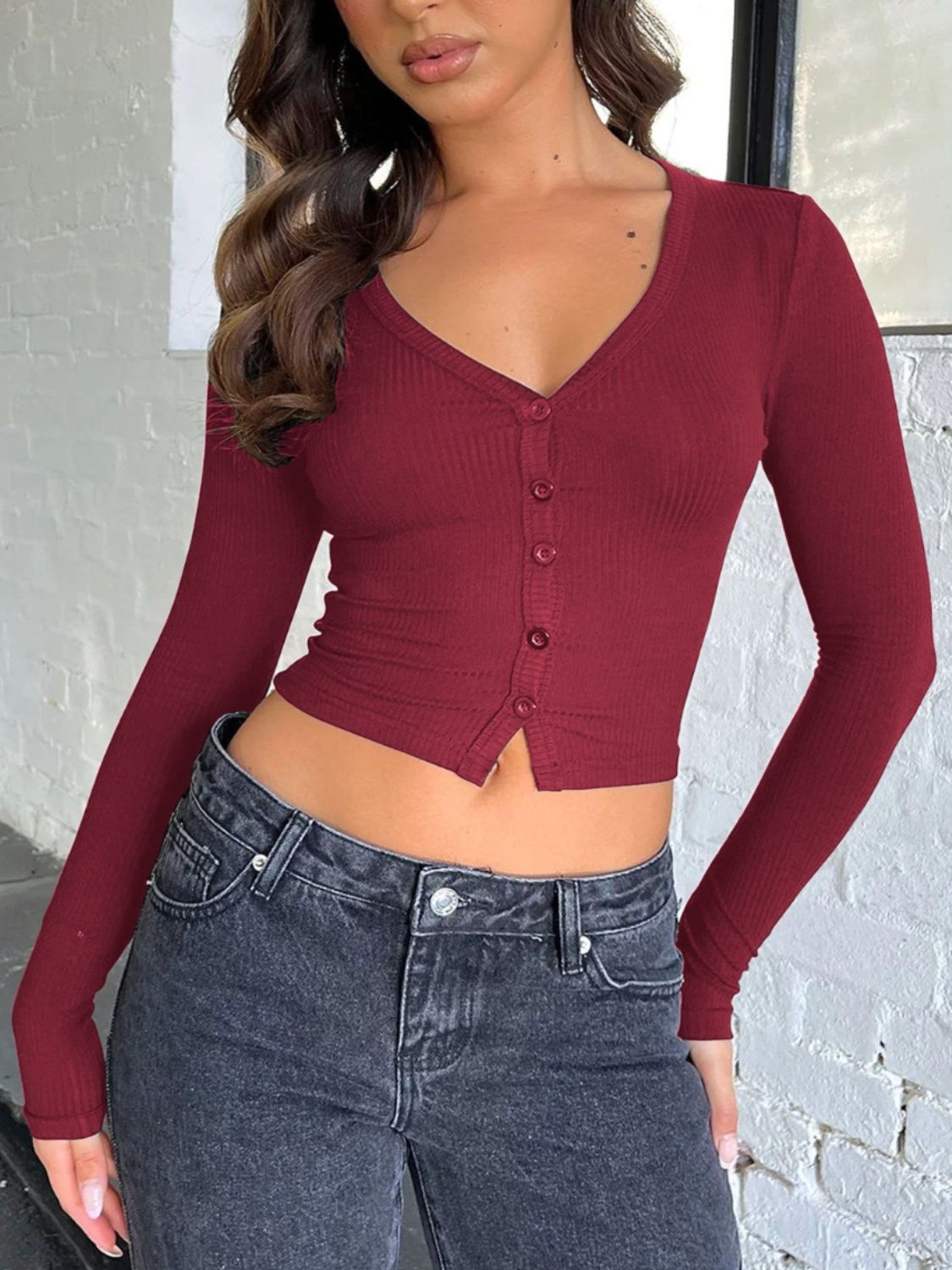 Buy burgundy Buttoned V-Neck Long Sleeve T-Shirt