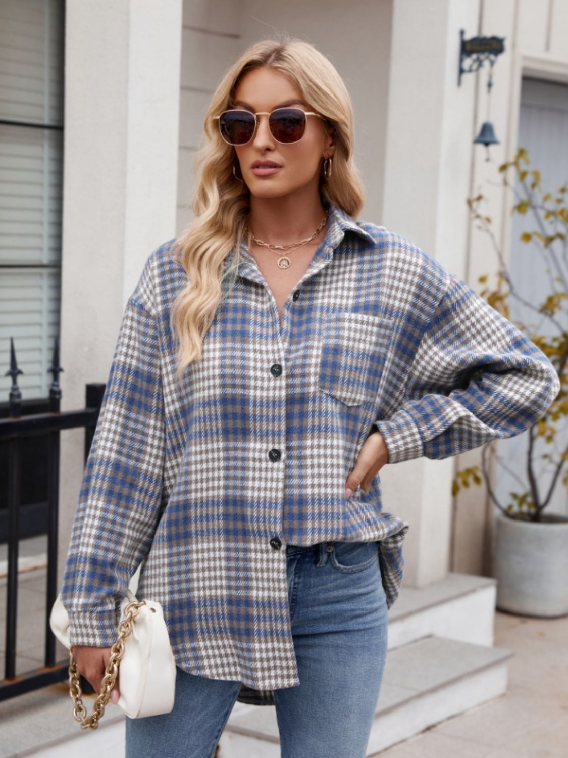 Mandy Pocketed Plaid Collared Neck Long Sleeve Shirt