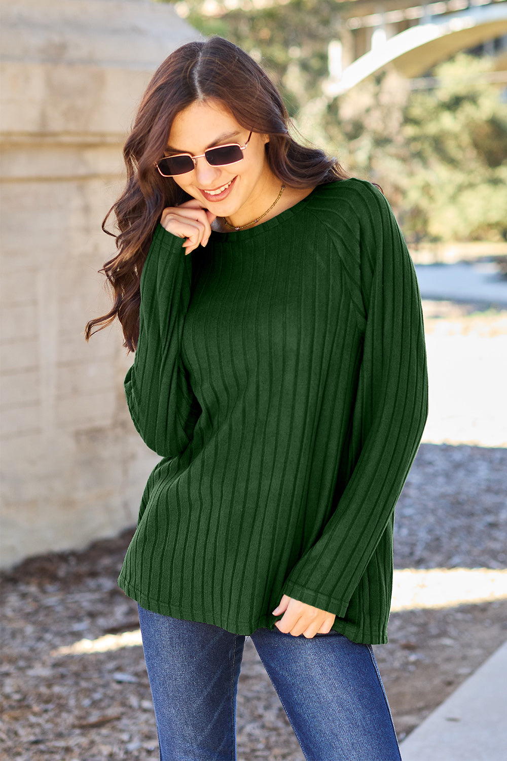 Buy dark-green Basic Bae Full Size Ribbed Round Neck Long Sleeve Knit Top