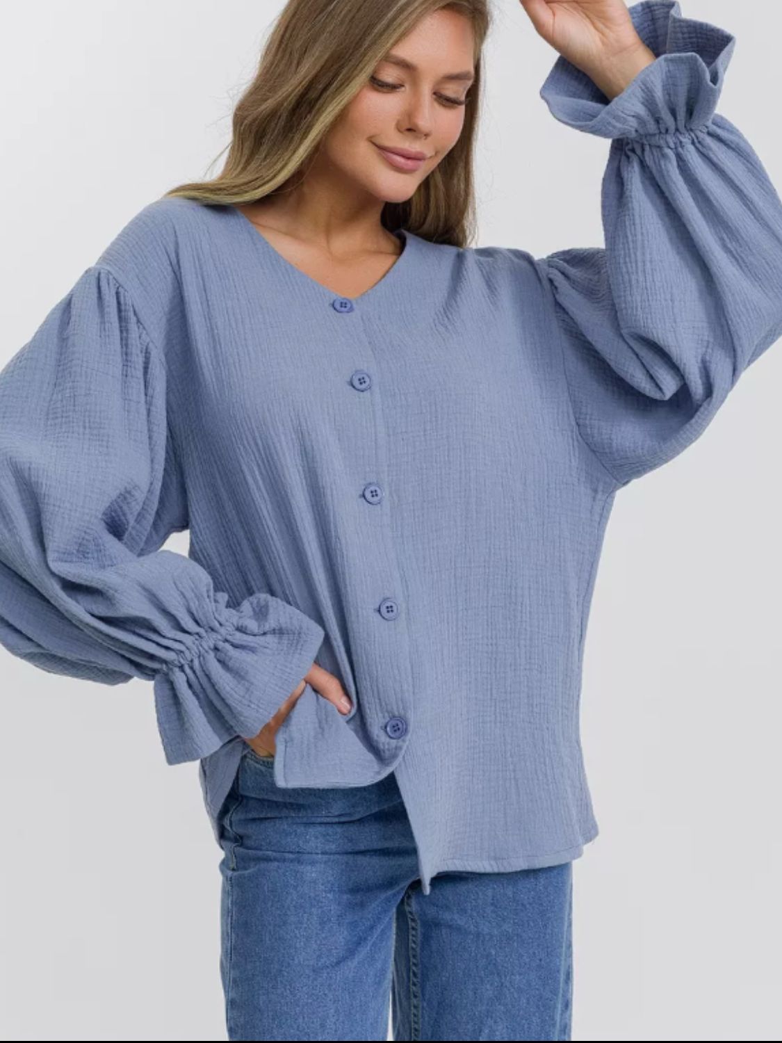 Buy light-blue Button Up Flounce Sleeve Shirt