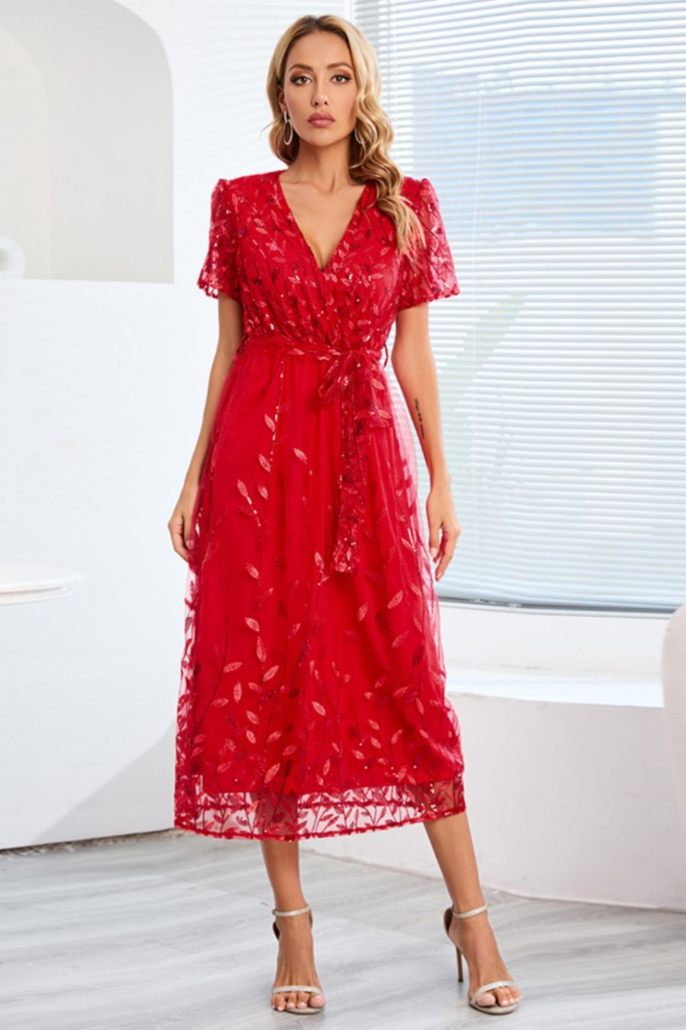 Buy deep-red Sequin Leaf Embroidery Tie Front Short Sleeve Dress