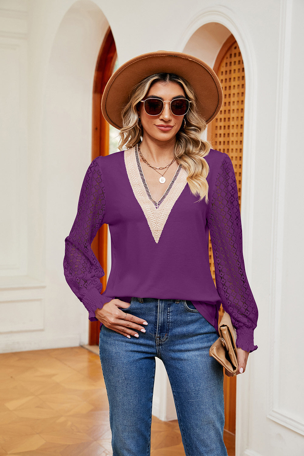 Buy fuchsia Contrast V-Neck Long Sleeve Blouse