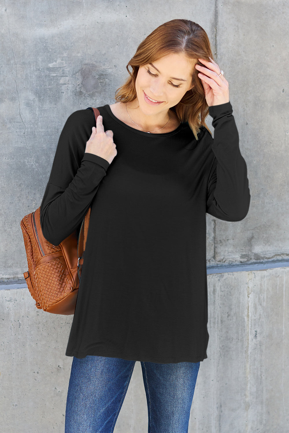 Buy black Basic Bae Full Size Round Neck Dropped Shoulder T-Shirt