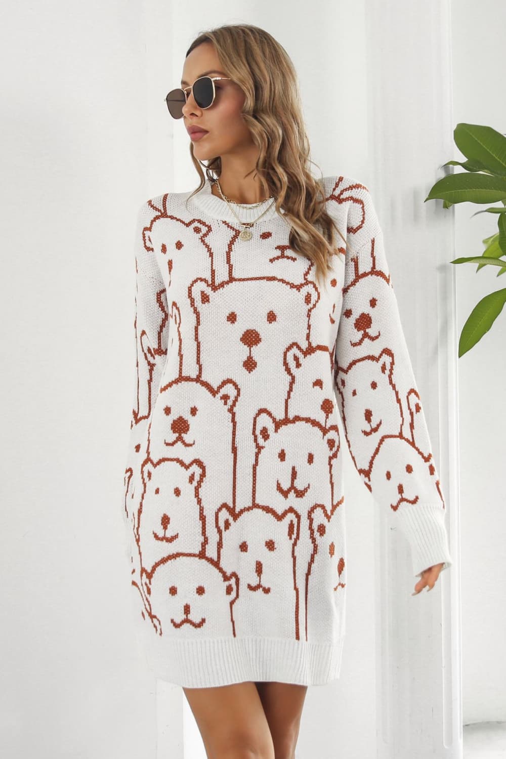 Buy white Bear Pattern Round Neck Sweater Dress