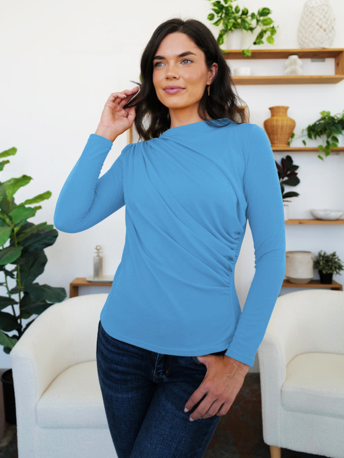 Buy cerulean FAM-FAM Ruched Mock Neck Long Sleeve T-Shirt