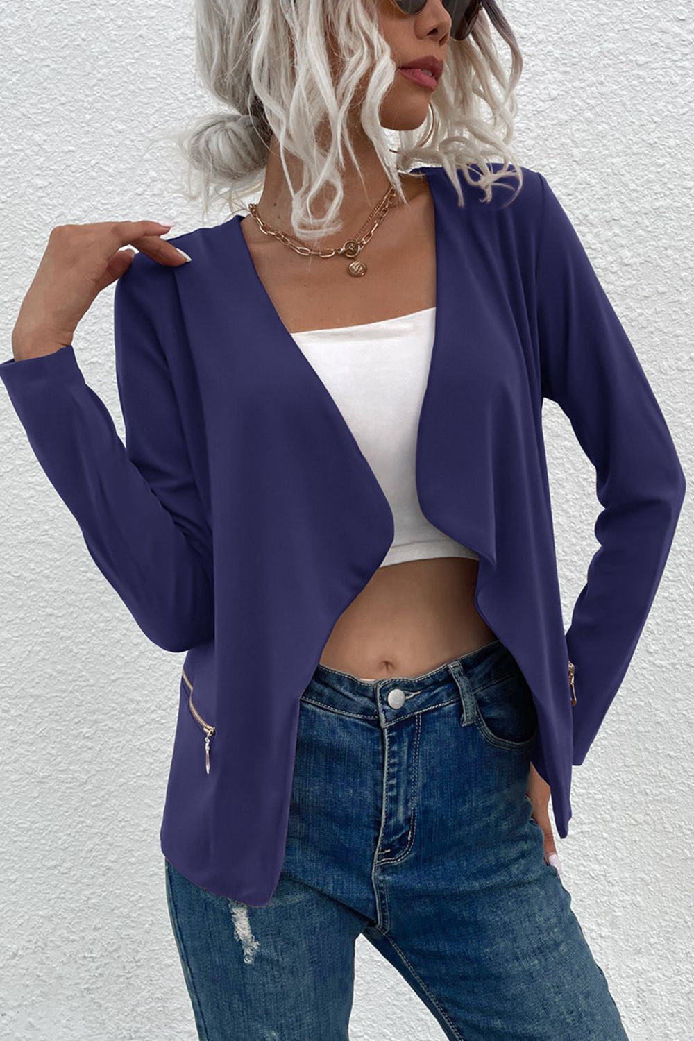 Buy dark-blue Open Front Zipper Pocket Cardigan