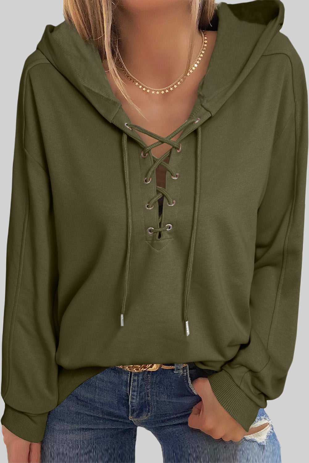 Buy army-green Lace-Up Dropped Shoulder Hoodie