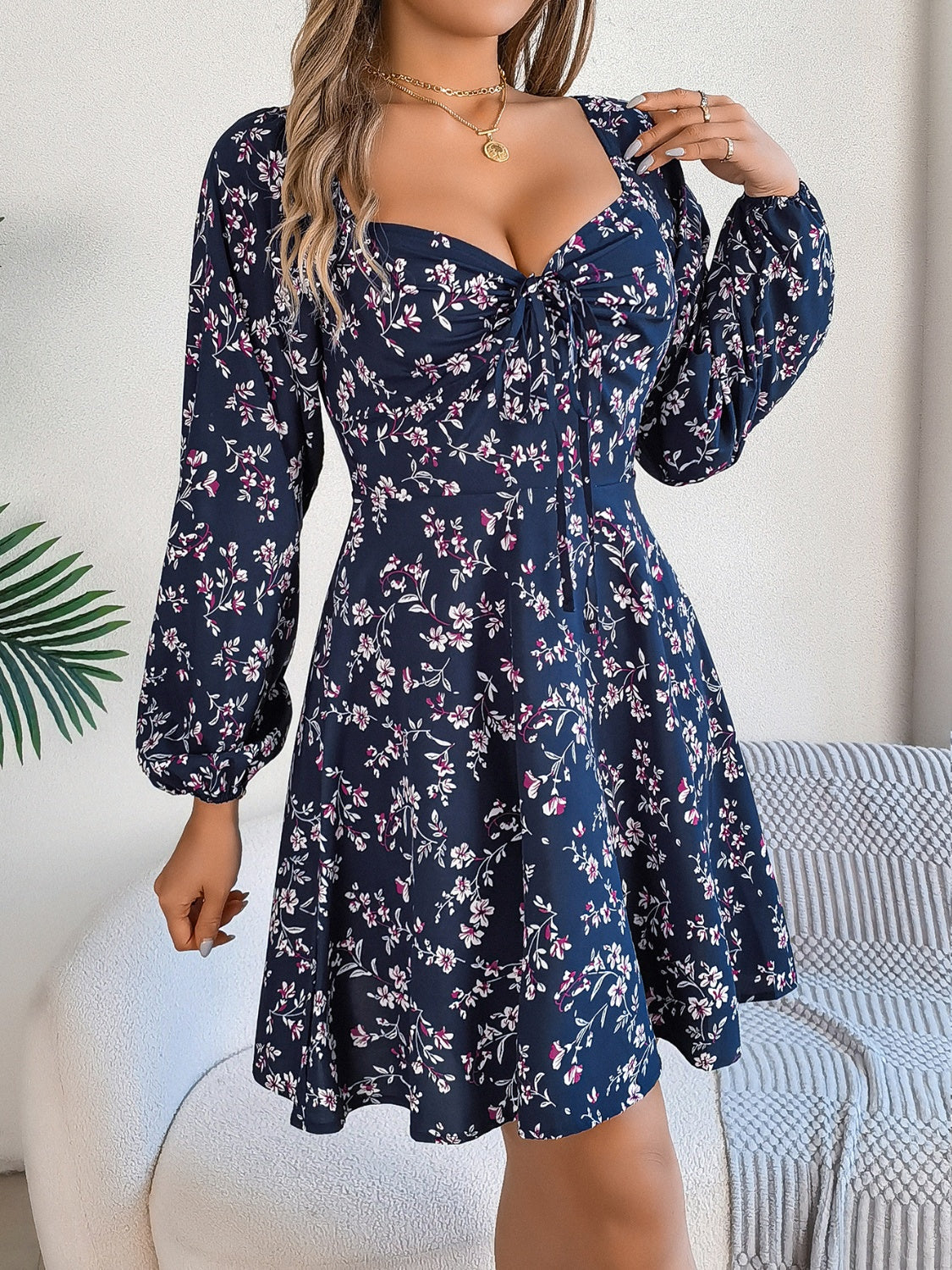 Buy navy Printed Sweetheart Neck Balloon Sleeve Mini Dress