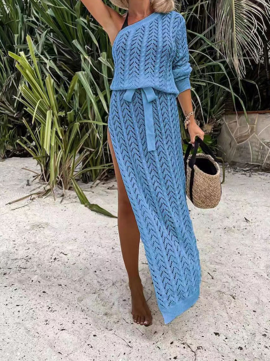 Buy cerulean Slit Openwork Single Shoulder Knit Dress