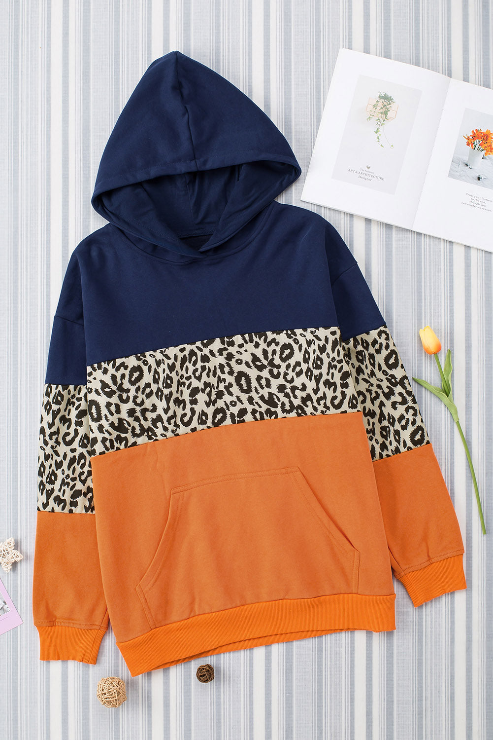 Buy leopard Color Block Dropped Shoulder Hoodie